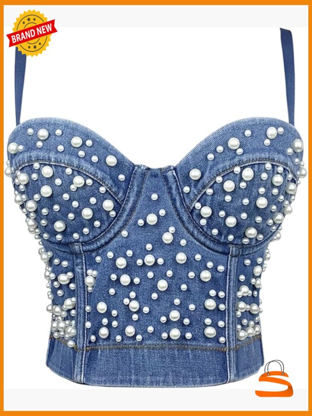 Denim Corset Crop Bustier Top Push Up Boned Jean Corset